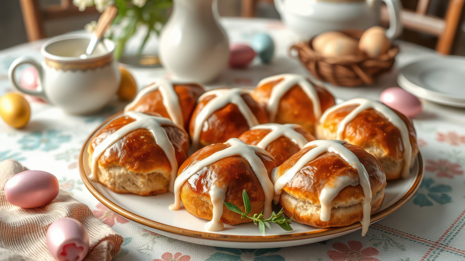 Freshly baked hot cross buns on a decorative table for an Easter celebration with colorful eggs